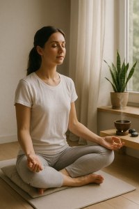 Жінка в позі лотоса медитує біля вікна — стан усвідомленості, внутрішньої тиші та духовної гармонії. Медитація — шлях до з’єднання із собою і джерелом внутрішньої сили. Духовність та усвідомленість