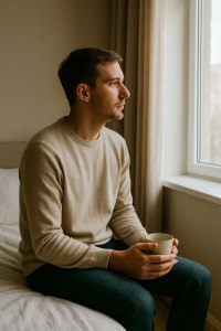 Молодий чоловік з чашкою сидить на краю ліжка біля вікна, задумливо дивиться на природу — символ ментального спокою та внутрішньої стабільності. Ментальне здоров'я людини.