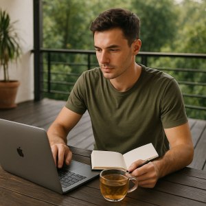 Молодий чоловік працює на терасі з ноутбуком і чашкою чаю — атмосфера свободи, фокусу та натхнення у самозайнятості та фрілансі