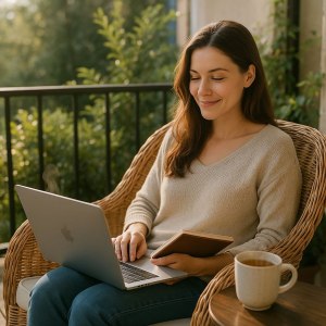 Жінка сидить у ротанговому кріслі на терасі з ноутбуком і чашкою чаю — стан фокусу, спокою та особистісного розвитку в гармонії з природою. Фокус, тиша і ранковий чай — мить розвитку своєї особистості.