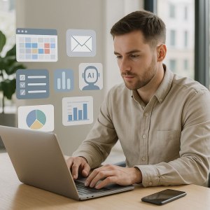 Цифрова ефективність — людина з ноутбуком працює в інтерфейсі застосунків та AI-помічників у світлому цифровому просторі