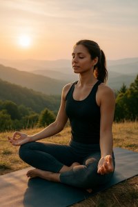 Жінка виконує йогу на тлі ранкового сонця — практика для здоров’я, енергії та гармонії. Ранкова йога — початок дня з тілесною усвідомленістю