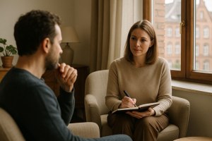 Жінка-психотерапевт слухає клієнта у затишному кабінеті з видом на німецьку архітектуру — атмосфера довіри, підтримки та професіоналізму, психотерапія та підтримка