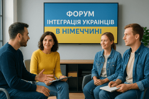 Група українців у Німеччині спілкується в сучасному коворкінгу на фоні екрана з написом «ФОРУМ ІНТЕГРАЦІЯ УКРАЇНЦІВ В НІМЕЧЧИНІ»