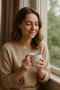 Жінка з теплою усмішкою тримає чашку біля вікна — стан емоційного спокою, затишку та внутрішньої гармонії. Емоційне благополуччя