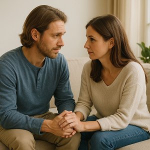 Пара сидить поруч, тримаючись за руки, щиро спілкується — символ довіри, підтримки та глибокого взаєморозуміння. Тепла розмова — здорові взаємини та комунікації