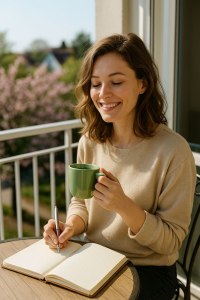 Жінка з усмішкою сидить на балконі з чашкою кави та щоденником, навколо цвітуть дерева — атмосфера ранкового натхнення і внутрішнього спокою. М’який ранок, вдячність і прості ритуали — щоденні практики для внутрішнього балансу.