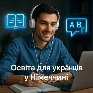 Український студент у навушниках навчається онлайн за ноутбуком, поруч голограми книги та мов — освіта для українців у Німеччині
