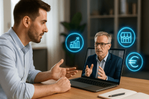 Український підприємець (бізнесмен) спілкується з бізнес-консультантом онлайн, поруч голограмні іконки графіка зростання, магазину та євро — підфорум «Консультації з бізнесу» для українців у Німеччині