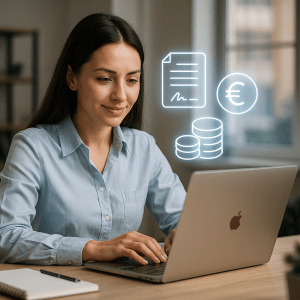 Українська фахівчиня працює як самозайнята (Freelancer/Freiberufler) за ноутбуком, поруч голограмні іконки фінансів і документів — підфорум «Консультації із самозайнятості» для українців у Німеччині