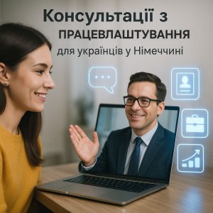 Українка спілкується з карʼєрним консультантом онлайн, поруч іконки резюме, вакансій та стрілки карʼєрного росту — підфорум «Консультації з працевлаштування» для українців у Німеччині