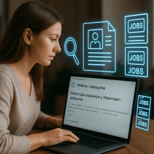 Українка шукає роботу в Німеччині онлайн за ноутбуком, поруч голограмні іконки лупи, резюме та вакансій — підфорум «Робота / Jobsuche» для українців