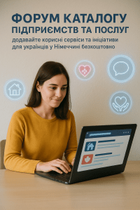 Українка працює за ноутбуком, поруч значки сервісів і ініціатив — форум Каталогу підприємств та послуг для українців у Німеччині