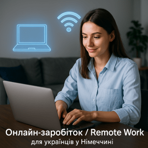 Українська фрилансерка працює віддалено за ноутбуком, навколо голограмні іконки ноутбука, Wi-Fi та євро — підфорум «Онлайн-заробіток / Remote Work» для українців