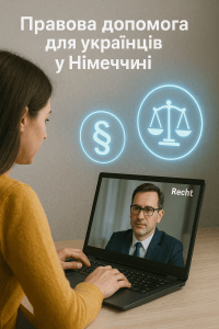 Українка консультується з юристом онлайн, поруч голограмні іконки параграфа §, ваг Феміди та документів — підфорум «Правова допомога для українців у Німеччині / Право / Recht»