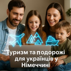 Українська сім’я планує туризм та подорожі для українців у Німеччині за ноутбуком, поруч голограмні іконки літака, гір, круїзного лайнера та мапи — підфорум Life-Balance.Guru