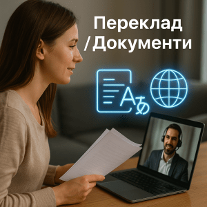 Українська жінка тримає документи й спілкується з перекладачем онлайн, поруч голограмні іконки документа та мов — підфорум «Переклад / Документи» для українців у Німеччині