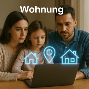 Українська сімʼя шукає житло в Німеччині за ноутбуком, поруч умовні іконки будинків і локацій — підфорум «Житло / Wohnen» для українців
