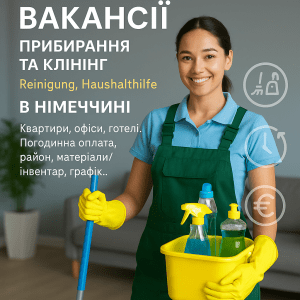 ВАКАНСІЇ прибирання та клінінг в Німеччині — робота Reinigung, Haushaltshilfe для українців