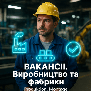 Український працівник на виробничій лінії фабрики в Німеччині, поруч голограми змін, контролю якості та оплати – ілюстрація до розділу «вакансії виробництво в Німеччині» на Life-Balance.Guru.