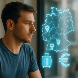 Вакансії по всій Німеччині (Deutschlandweit) для українців – кандидат дивиться на карту Німеччини з голограмами локацій і валізи