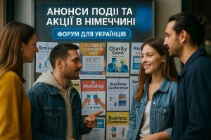 Люди біля афішної стіни обговорюють анонси подій та акцій в Німеччині – форум Life-Balance.Guru для українців.